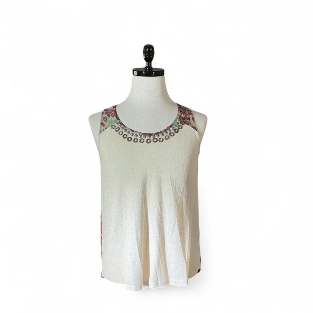 Miss Me MDT360 Cream Embellished Neck Sleeveless Tank Top Shirt Size S
